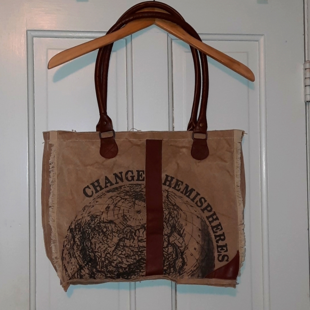 Purse Change Hemispheres Cotton Canvas Shoulder Bag Tote Carry All Travel Love